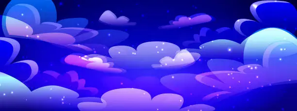 Vector illustration of Night bright abstract background with sky, clouds and stars in cartoon style.