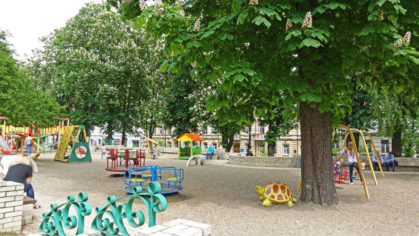 Kiev. Ukraine. May 16, 2019 Children's playground in Shevchenko park in spring