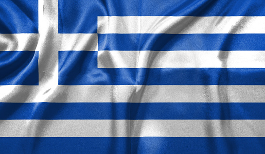 Greece flag wave close up. Full page Greece flying flag. Highly detailed realistic 3D rendering.