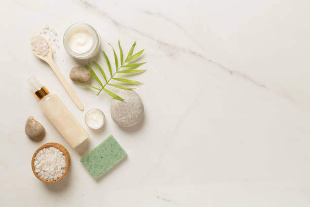 istock Composition with spa products on marble background, top view 1454408409