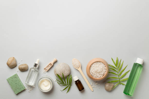 istock Composition with spa products on color background, top view 1454408410