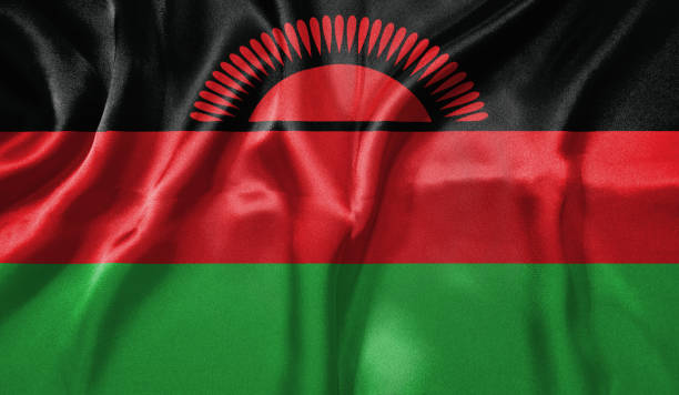 Malawi flag wave close up. Full page Malawi flying flag. Highly detailed realistic 3D rendering.