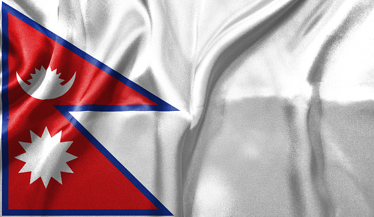 Nepal flag wave close up. Full page Nepal flying flag. Highly detailed realistic 3D rendering.
