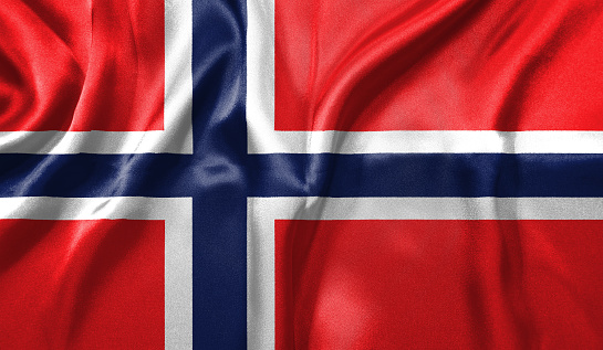Norway flag wave close up. Full page Norway flying flag. Highly detailed realistic 3D rendering.