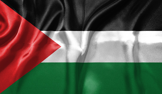 Palestine flag wave close up. Full page Palestine flying flag. Highly detailed realistic 3D rendering.