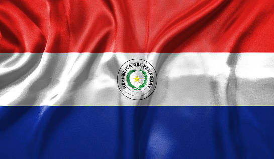 Paraguay flag wave close up. Full page Paraguay flying flag. Highly detailed realistic 3D rendering.