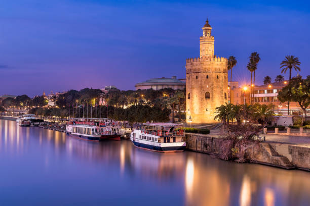 живописный вид на торре-дель-оро в севилье ночью - seville torre del oro sevilla spain стоковые фото и изображения