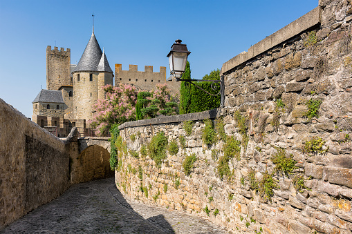 Scenic view of medieval city of Carcassonne and its fortified walls in France