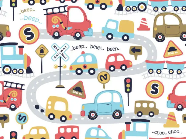Vector illustration of Seamless pattern vector of colorful vehicles cartoon, traffic elements illustration