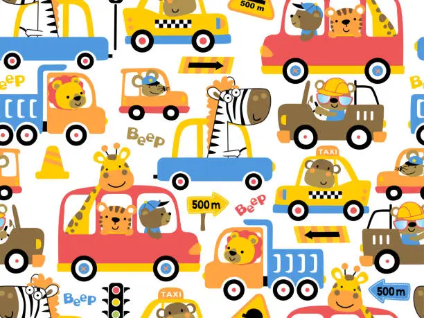 Vector illustration of seamless pattern vector of vehicles cartoon with funny animals driver