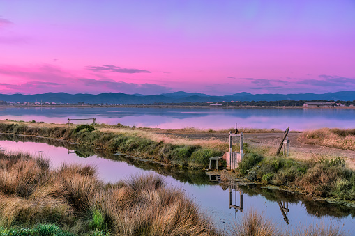 Scenic view of Les Salins-d'Hyères in Giens peninsula during purple colored blue hour sky in south of France