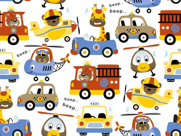 Vector illustration of seamless pattern vector of with cute animals driving vehicles