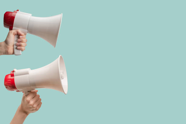 istock Megaphone in woman hands on a light green background. 1454414644