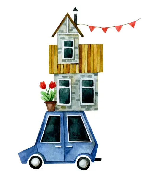 Vector illustration of watercolor drawing. rooftop car. cute children's illustration on the theme of travel, moving, camping
