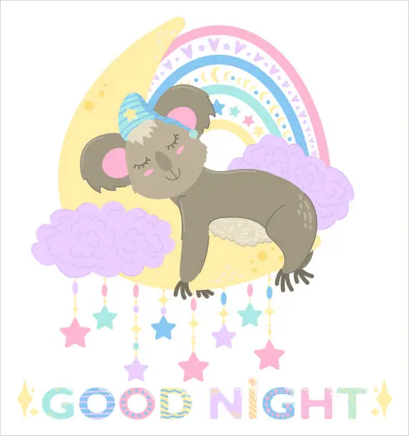 Vector illustration of cute sleepy koala. fluffy animal sleeps on the moon. good night baby. children print