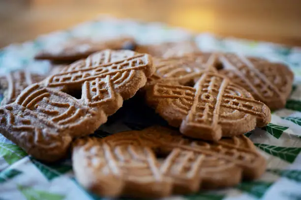Close-up of Spekulatius or Speculoos cookies for Christmas, typical Cookie Sweet in Germany