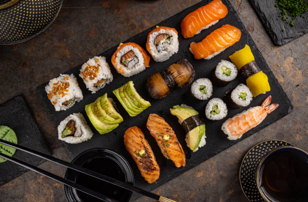 istock Top view of assorted sushi. 1454417775