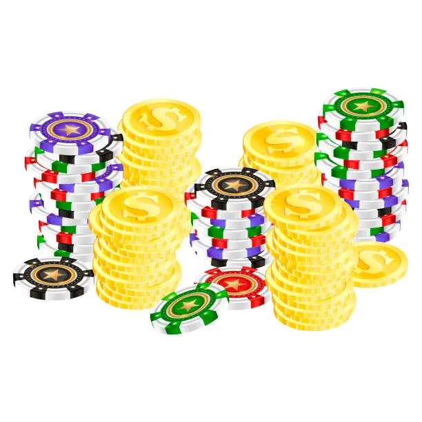 Vector illustration of Golden coins and colored casino game chips