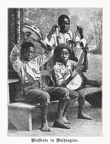 Minstrel boys in Washington, USA. The minstrel show, also called minstrelsy, was an American form of racist theatrical entertainment developed in the early 19th century. Each show consisted of comic skits, variety acts, dancing, and music performances that depicted people specifically of African descent. The shows were performed by mostly white people wearing blackface make-up for the purpose of playing the role of black people. There were also some African-American performers and black-only minstrel groups that formed and toured. Blackface minstrelsy was the first uniquely American form of theater. Minstrel shows emerged as brief burlesques and comic entr'actes in the early 1830s in the Northeastern states. Halftone print after a photograph, published in 1899.