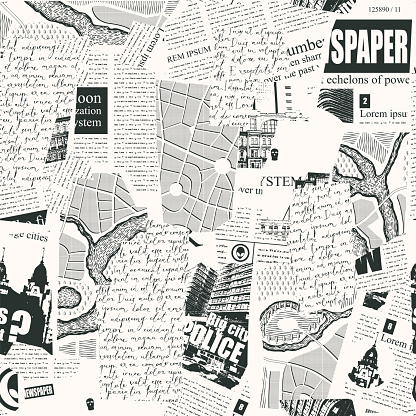 Seamless pattern with collage of newspaper or magazine and map clippings. Retro style vector background with titles, illustrations and imitation text. Suitable for wallpaper design, wrapping paper