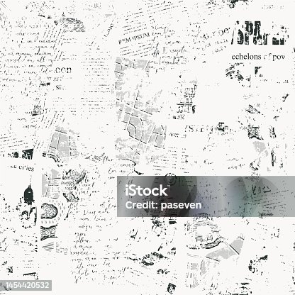 istock Seamless pattern with collage of newspaper or magazine and map clippings 1454420532