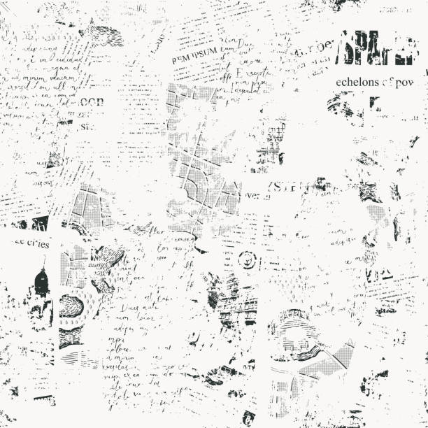 Seamless pattern with collage of newspaper or magazine and map clippings Seamless pattern with collage of newspaper or magazine and map clippings. Retro style vector background with titles, illustrations and imitation text. Suitable for wallpaper design, wrapping paper writing notes stock illustrations