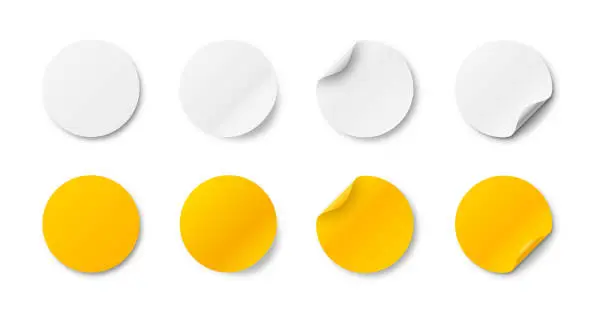 Vector illustration of Set circle adhesive symbols. White tags, paper round stickers with peeling corner