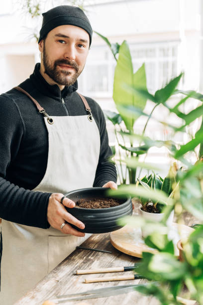 istock Handsome man cares for plants, changes and renews their potting soil 1454422437