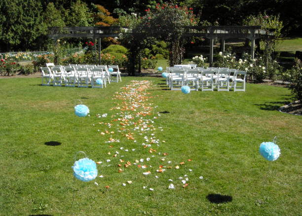 Looking out at the set up of a Wedding Ceremony at a public park.