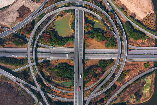 istock Aerial view huge highway interchange 1454424020
