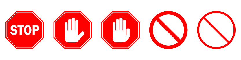 STOP icons set. Red stop sign isolated. Vector illustration. Stop hand sign