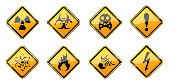 Set of danger symbols. Vector set of safety signs. Set of yellow warning hazard signs. Vector illustration.