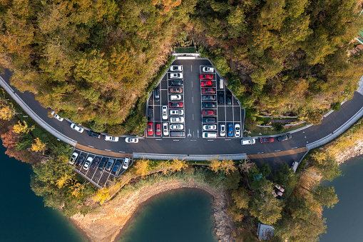 Aerial view winding lakeside road in autumn
