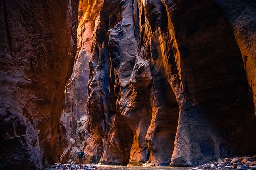 Female walking in the river using walking sticks and carrying backpacks in the Narrows at Zion national park Utah. The woman also clings to rock