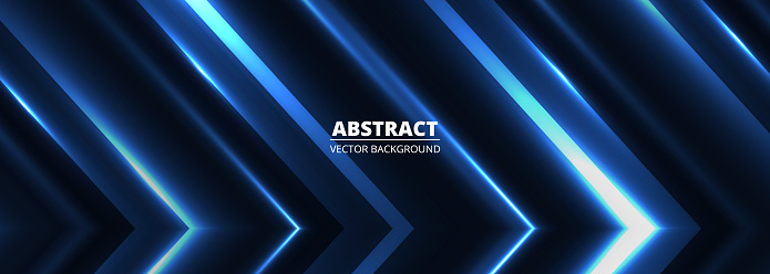 Vector dark blue abstract modern wide banner with light blue shiny arrows, glowing abstract horizontal design background. Vector illustration