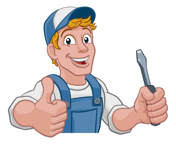 Electrician Cartoon Handyman Plumber Mechanic Electrician handyman man handy holding electricians screwdriver tool cartoon construction mascot. Peeking over a sign and giving a thumbs up. handyman stock illustrations