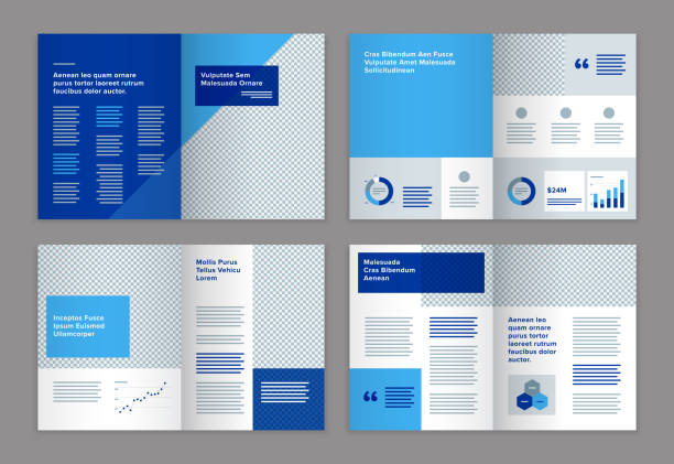 Brochure design template with abstract geometric graphics — Avery System, IpsumCo Series Abstract geometric designs, templates, and backgrounds inspired by mid-century modern style. Brochure template created at 8.5 x 11 inches (216 x 279 mm) for standard US letter-size paper (similar to A4). Vector artwork is easy to edit and scales to any size. modern magazine layout stock illustrations