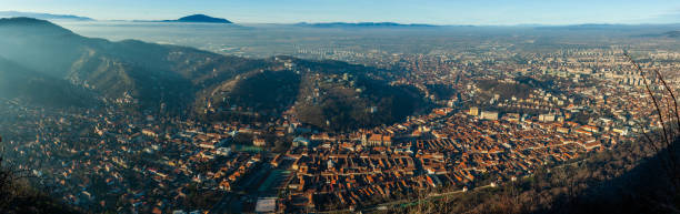 Brasov cityscape, panoramic and aerial view from Tampa peak, Transylvania, Romania stock photo