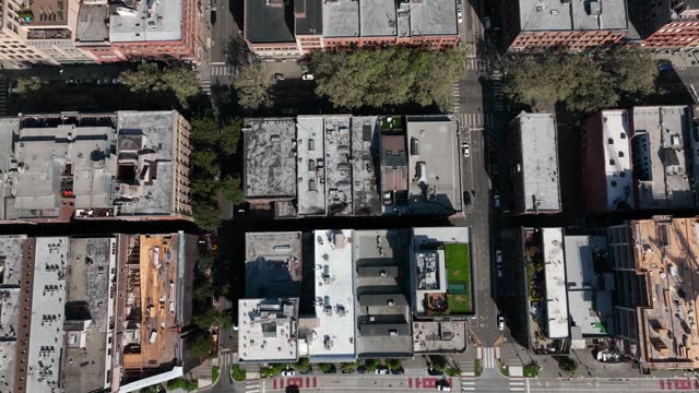 Top down aerial shot of Pioneer Square's residential brick buildings in Seattle.