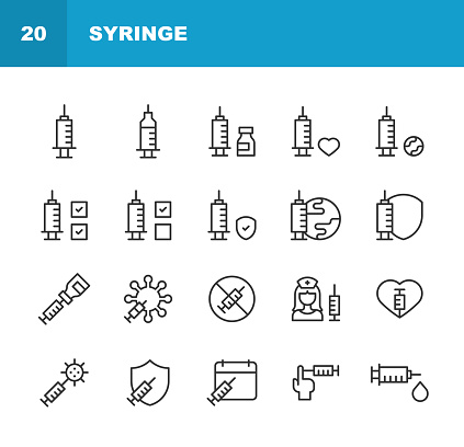 20 Syringe Outline Icons. Appointment, Blood, Checkbox, Coronavirus, Covid Passport, Covid-19, Doctor, Earth, Face Mask, Family, Flask, Health, Healthcare, Heart, Hospital, Immunity, Medical Exam, Medicine, Microscope, Nurse, Passport, Pharmacy, Schedule, Science, Syringe, Travel, Vaccination, Vaccination Rate, Vaccine.