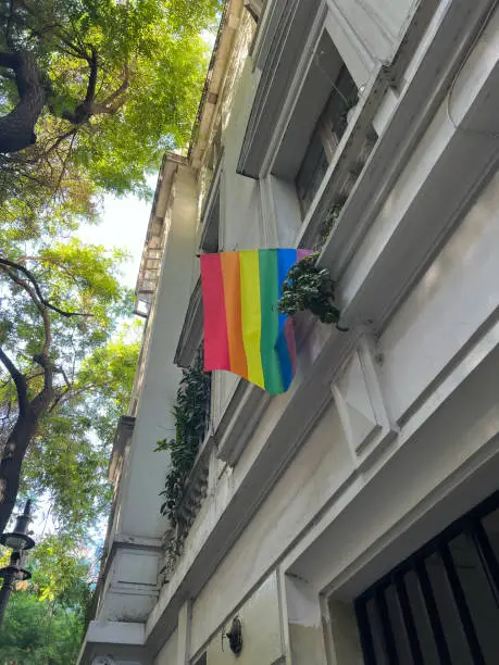 caption of pride rainbow flag outside of a building