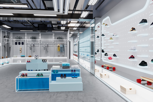 Sports Shop Interior With Sports Balls, Sneakers And Sportswear