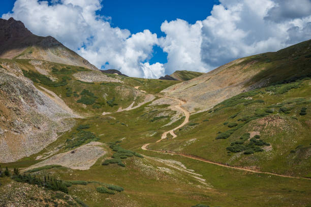 Road through the tundra in the alpine mountains