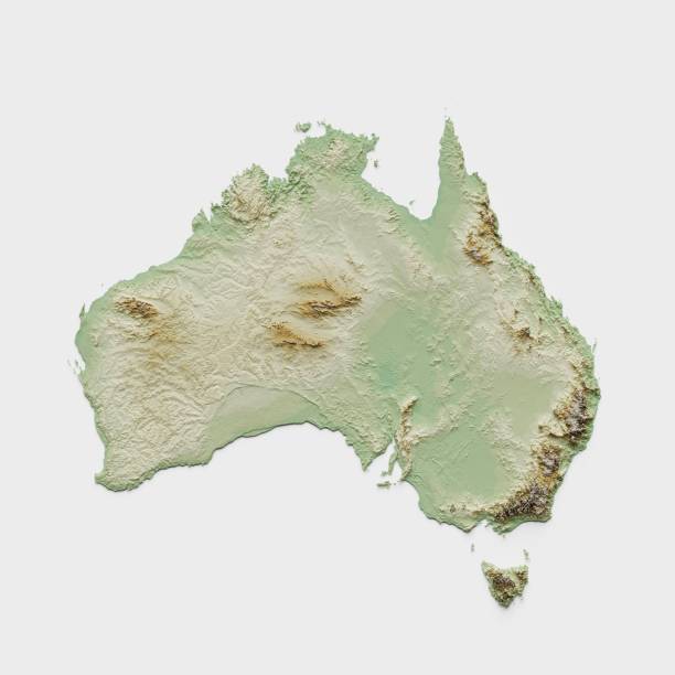 mapa de relevo topográfico da austrália - 3d render - australia map australian flag flag - fotografias e filmes do acervo