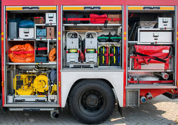 istock The side view of equipment packed neatly inside a fire truck 1454443678