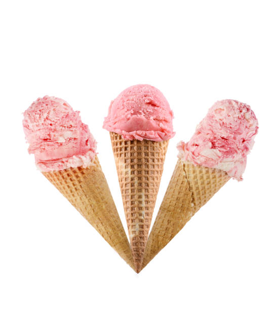 istock Strawberry ice cream scoops with cone isolated on white background 1454443762