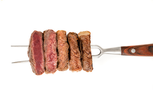 Slices of beef steak on meat fork isolated on white background.