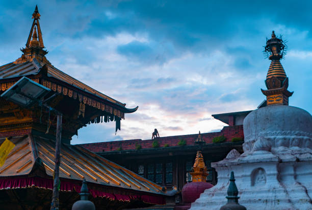 Swayambhunath Stupa complex with monkey silhouette on the roof. Kathmandu, Nepal.