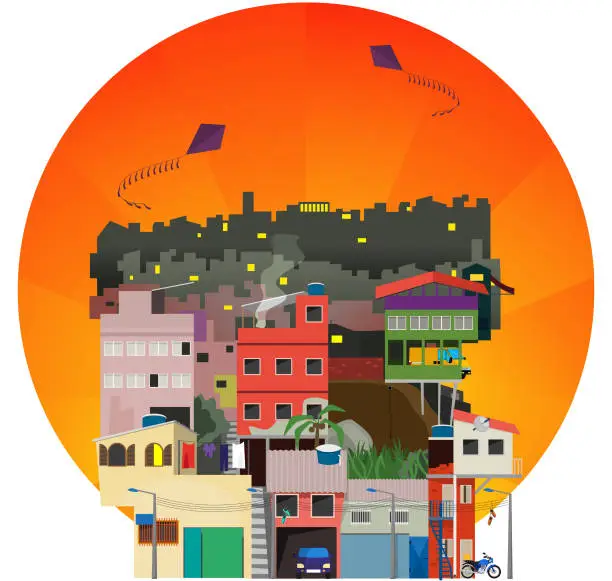 Vector illustration of a Typical suburban area in a big city of Latin America. Shanty town at dusk.