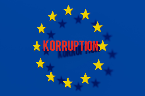 Symbol for the fight against corruption within the European union parliament and the EU at all. Europe, government, EU guidelines and politics. 3D illustration